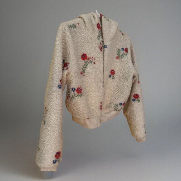 Urban Outfitter Sherpa Jacket Medium Nature Flower Hood Ribbed Waistband Zipper - Picture 8 of 15